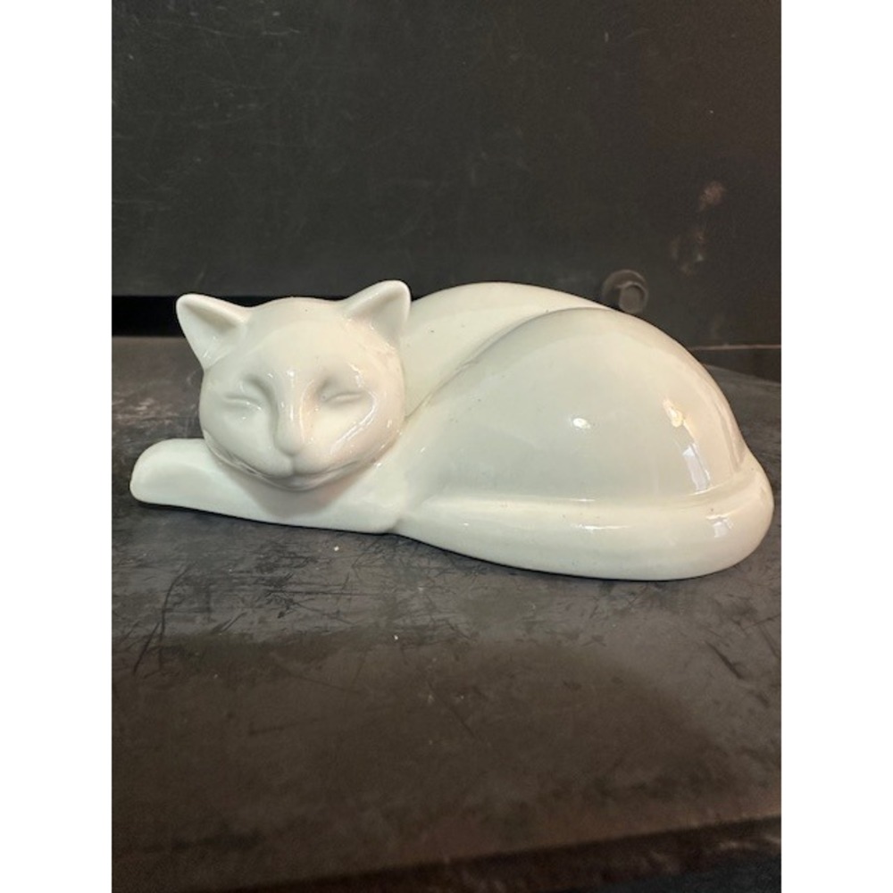Vintage White Ceramic Sleeping Cat Figurine Glossy Glazed Curled Up Feline Decor